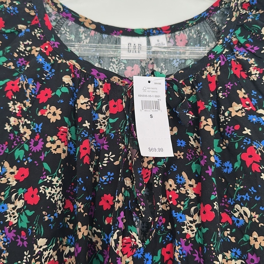NWT Gap Smocked Splitneck Floral Mini Dress Long Sleeves Sz S - Picture 3 of 8